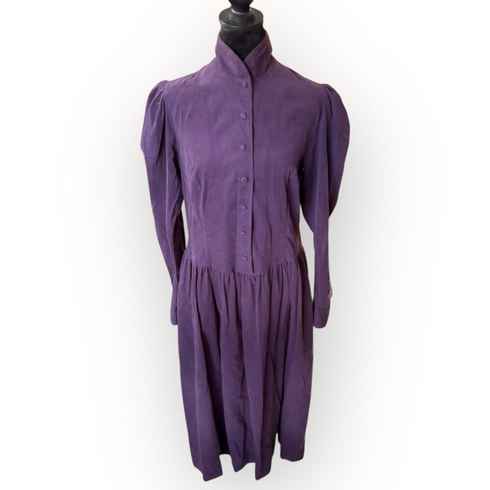 Laura Ashley Vintage 80s Deep Purple Corduroy Button Front Midi Dress Size 12 - Picture 9 of 16